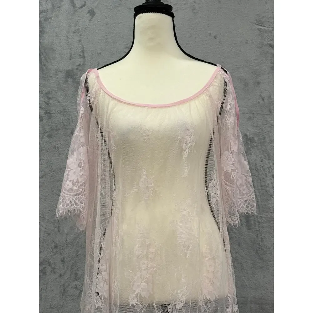 Festival Fairycore Barbiecore Sheer Lace Kimono Cover Up Robe Pink Coquette XL